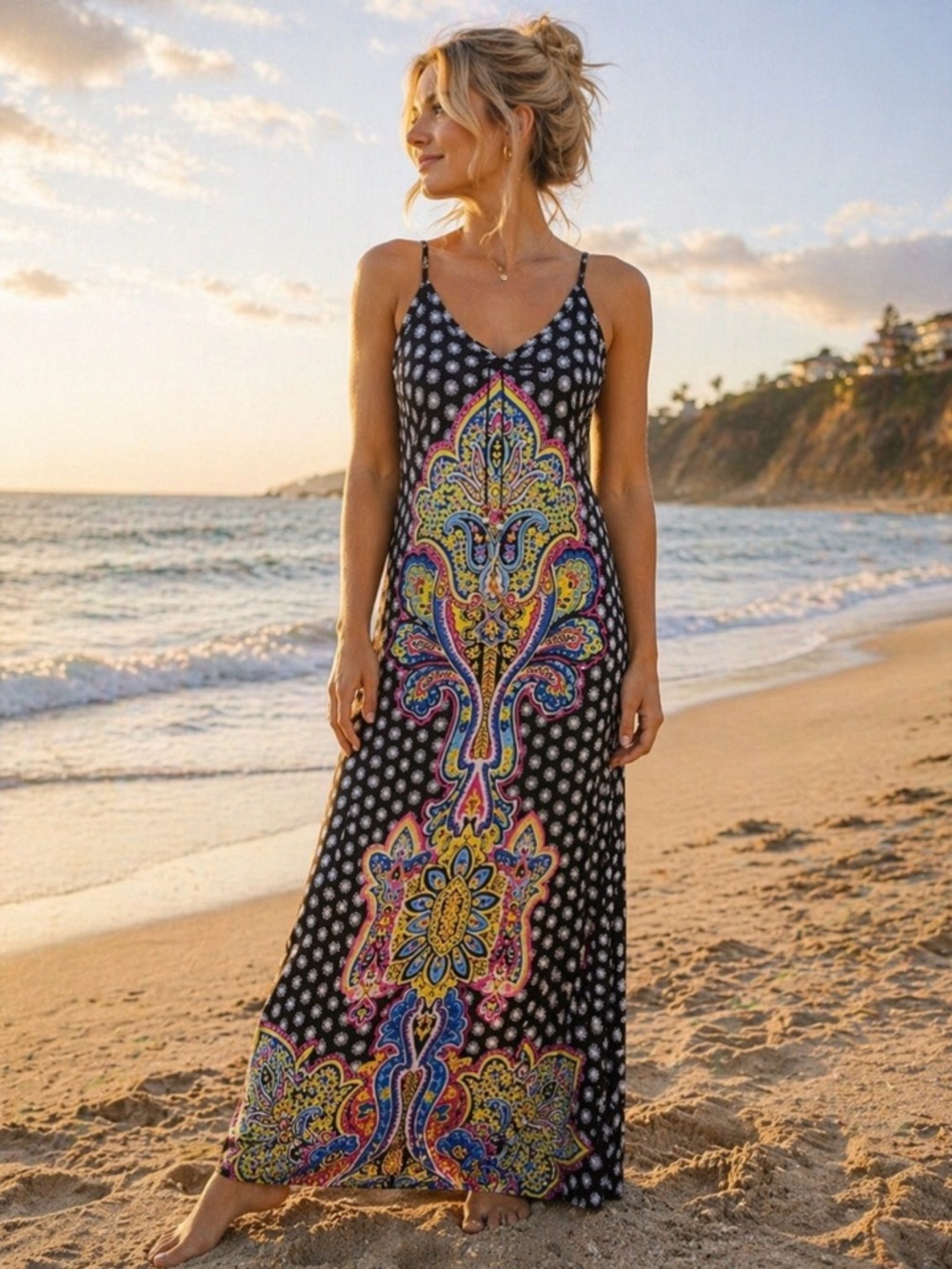 Maxi sleeveless boho black colorful slip dress